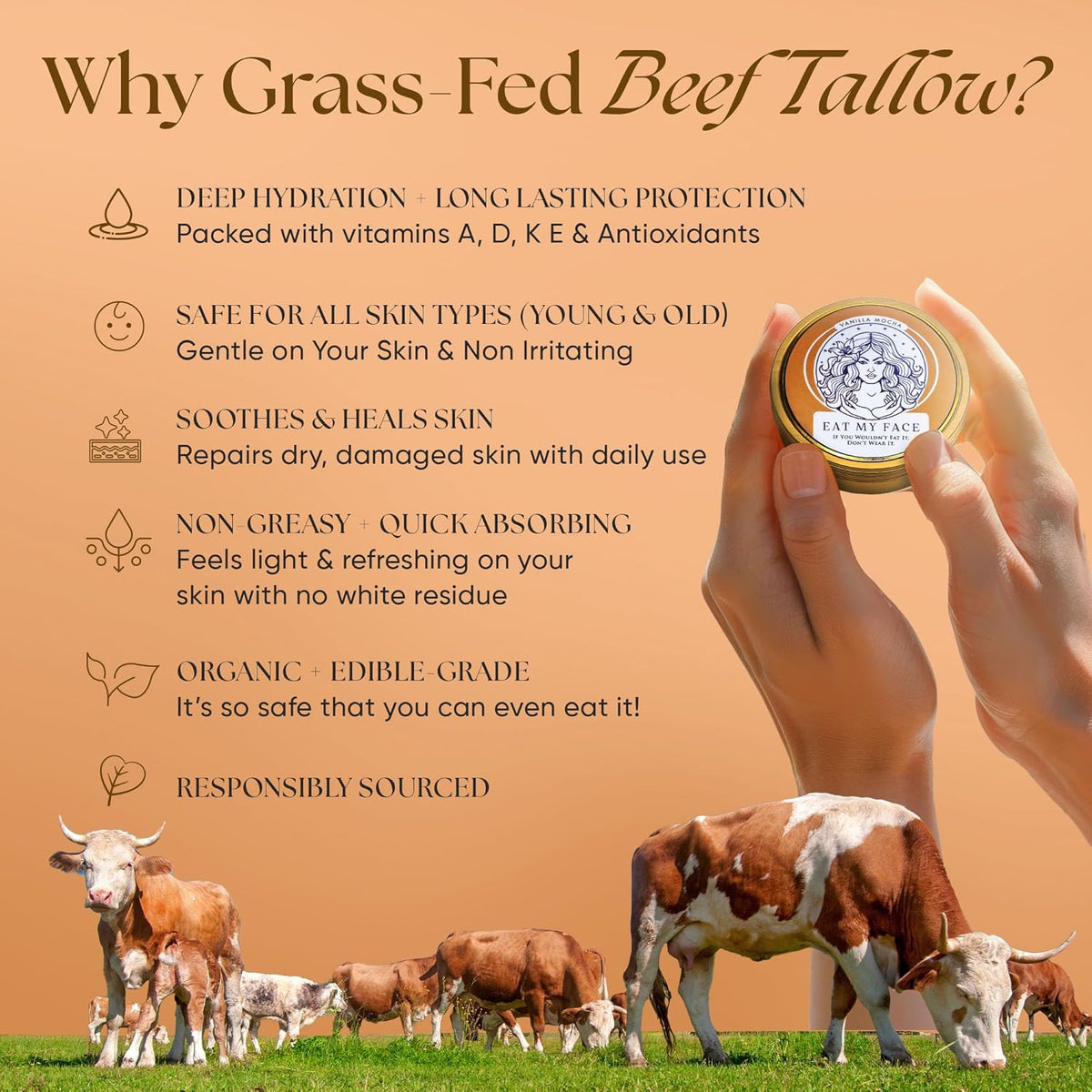 Why Grass-Fed Beef Tallow? Benefits of deep hydration and long-lasting protection for day and night skincare set.