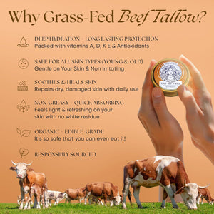 Why Grass-Fed Beef Tallow? Benefits of deep hydration and long-lasting protection for day and night skincare set.