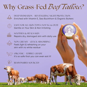 Why Grass-Fed Beef Tallow? Benefits of day and night skincare set for healthy and hydrated skin.