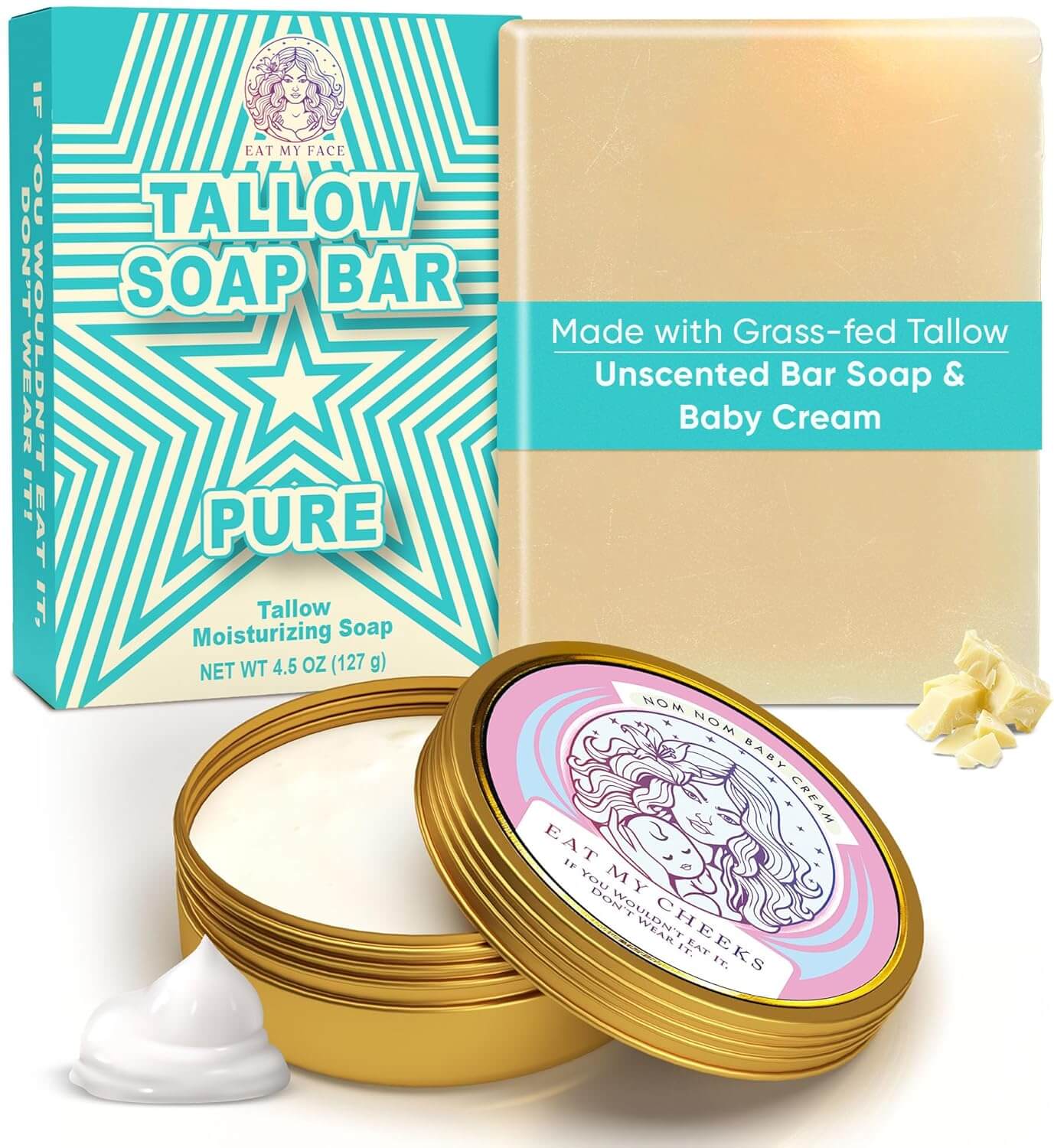 Baby & Mama Sensitive-Skin Duo – Unscented Tallow Soap + Baby Mama Tallow Skin Cream grass-fed tallow soap bar and baby cream