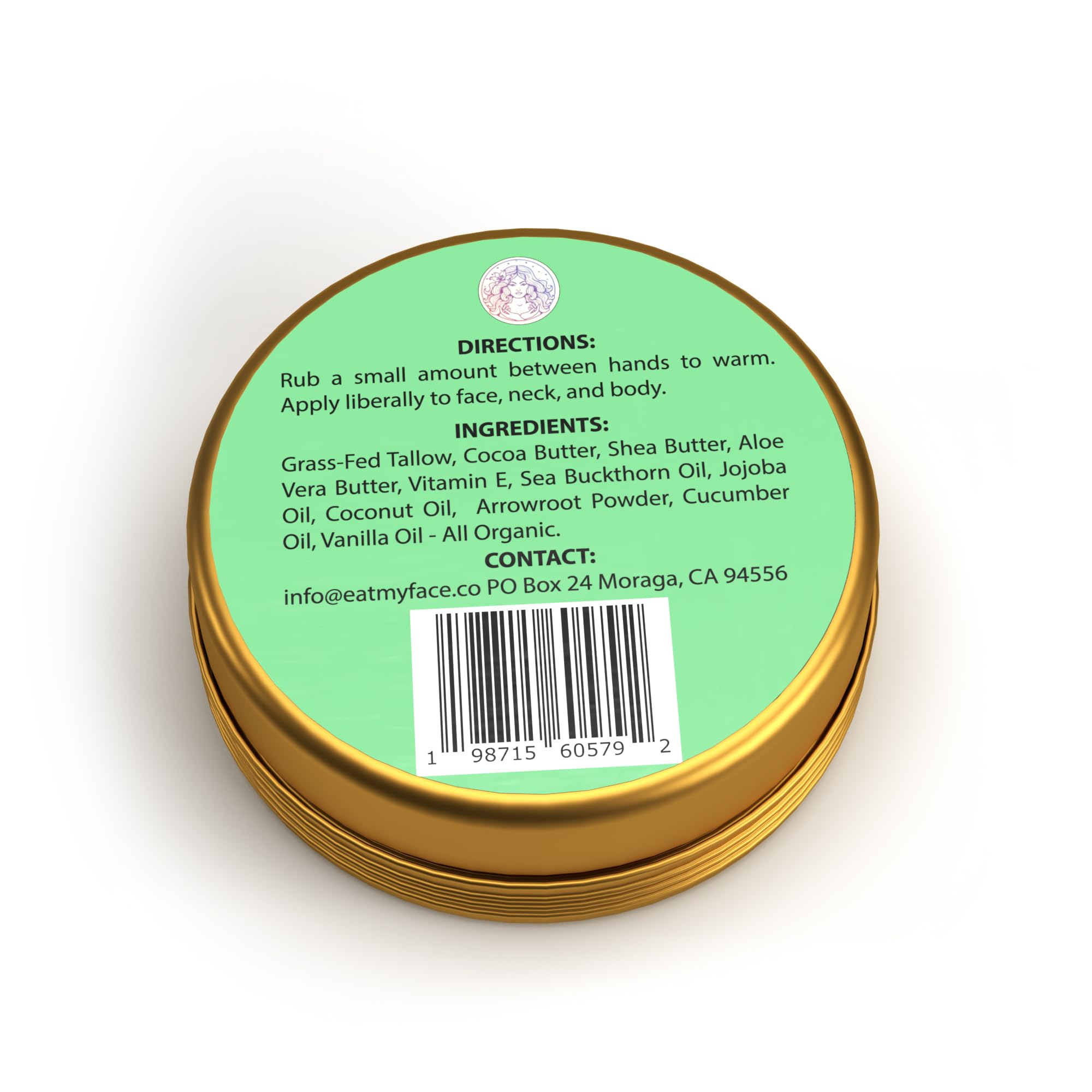beef tallow after sun balm with aloe and cucumber back label showing directions, ingredients, and barcode on green tin