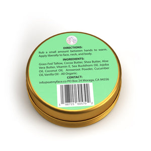beef tallow after sun balm with aloe and cucumber back label showing directions, ingredients, and barcode on green tin