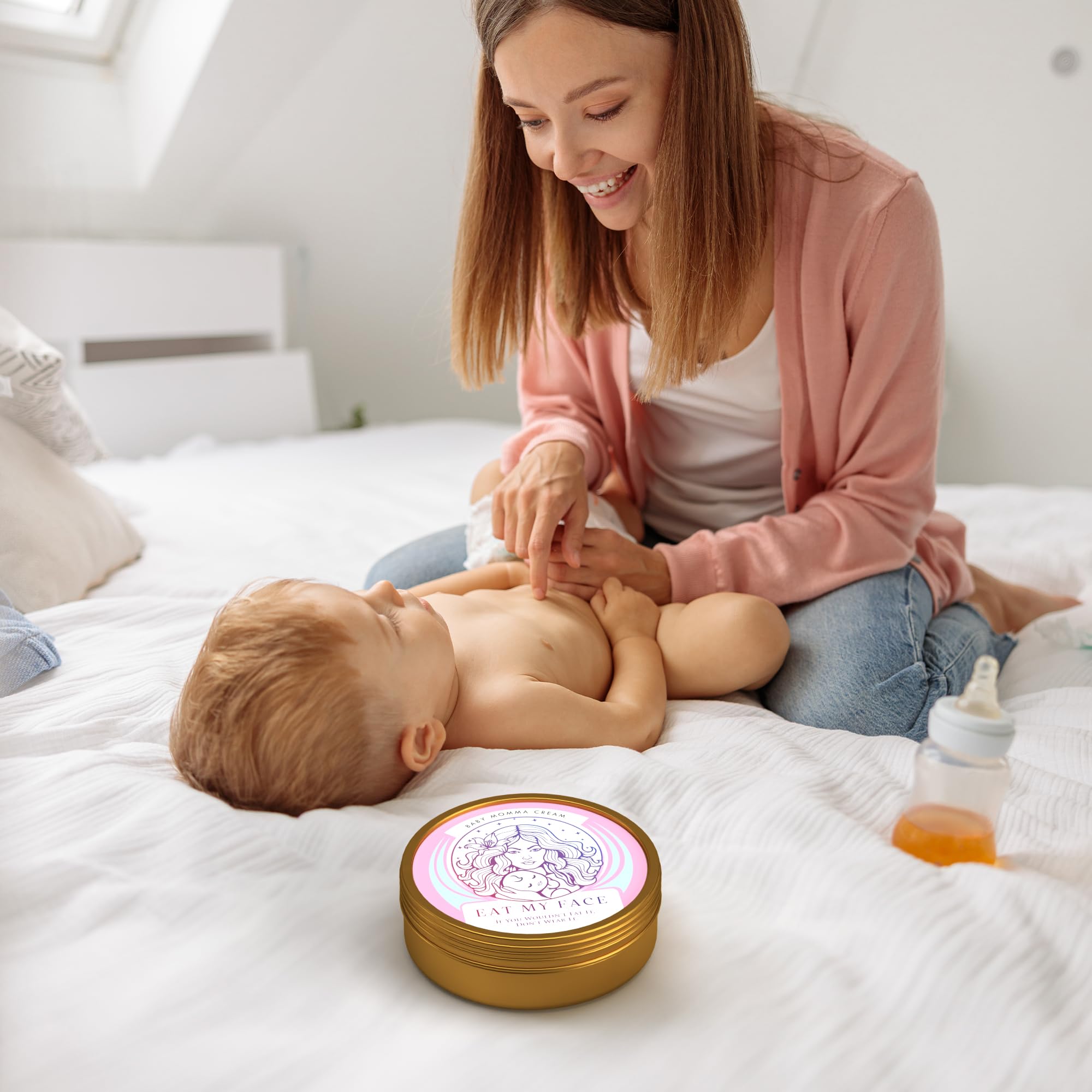 Alt Tag: beef tallow baby cream for diaper rash and Mom used by mom applying soothing diaper rash cream to baby on bed