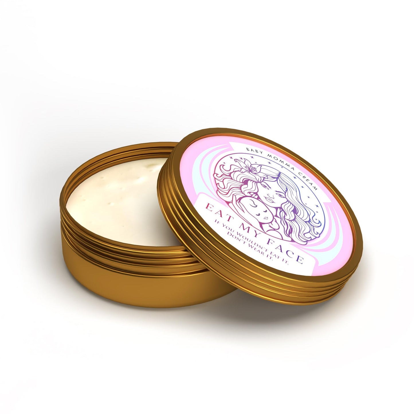 beef tallow baby cream for diaper rash and Mom Baby Momma Cream open tin, fragrance-free beef tallow balm for soothing diaper rash
