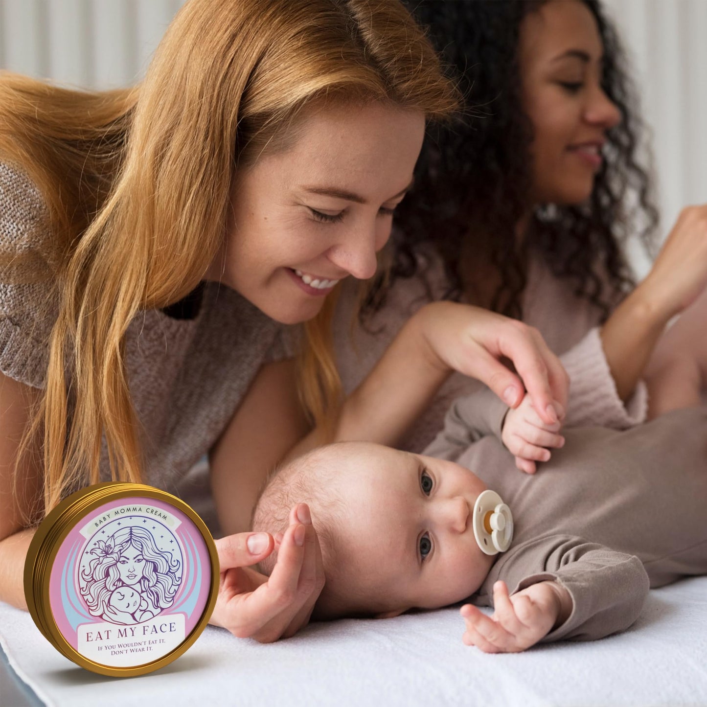 beef tallow baby cream for diaper rash and Mom with mom applying diaper rash balm to baby, fragrance-free moisturizing tallow cream jar