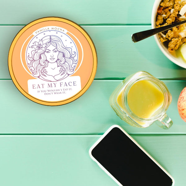 Alt Tag: beef tallow moisturizer vanilla tin and jar on mint table with vanilla mocha label, cozy daily deep hydration skincare