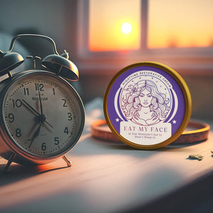 beef tallow nighttime face cream with lavender and chamomile jar by alarm clock at sunrise, soothing bedtime skincare ritual