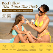 beef tallow sunscreen and after-sun repair duo SPF 30 non-nano zinc oxide reef-safe mineral sun protection on beach