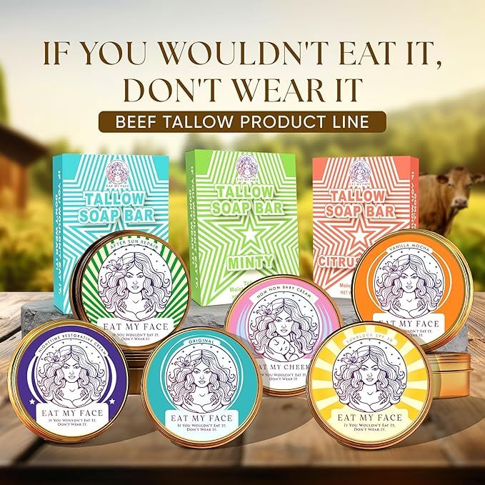 Unscented Beef Tallow Soap Twin Pack – Fragrance-Free (4.5 oz each) displayed in beef tallow product line image with soap bars