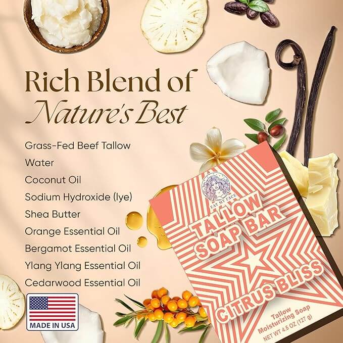 Bergamot Orange Beef Tallow Soap Twin Pack ingredients label with citrus bliss tallow soap bar, orange and bergamot essential oils