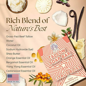 Bergamot Orange Beef Tallow Soap Twin Pack ingredients label with citrus bliss tallow soap bar, orange and bergamot essential oils