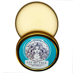 Eat My Face Original beef tallow moisturizer in open gold tin showing soft pearlescent grass-fed tallow cream