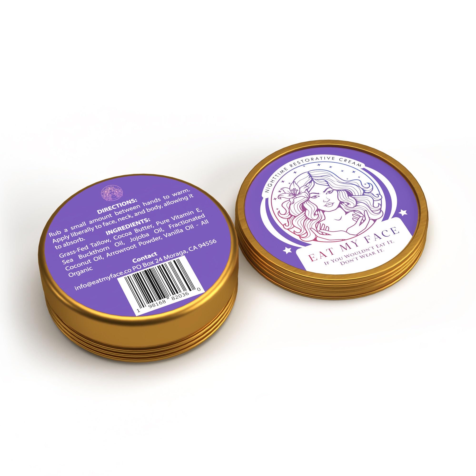 Alt Tag: beef tallow nighttime face cream with lavender and chamomile gold tin jar product label top and bottom view