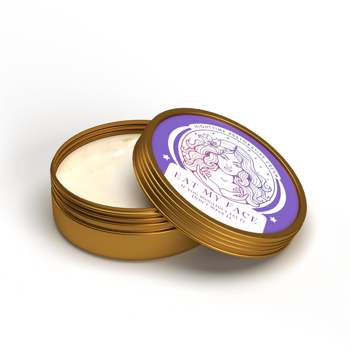 beef tallow nighttime face cream with lavender and chamomile in open gold tin jar with lid, rich moisturizing balm for bedtime skincare