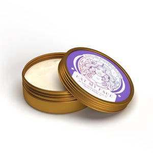 beef tallow nighttime face cream with lavender and chamomile in open gold tin jar with lid, rich moisturizing balm for bedtime skincare