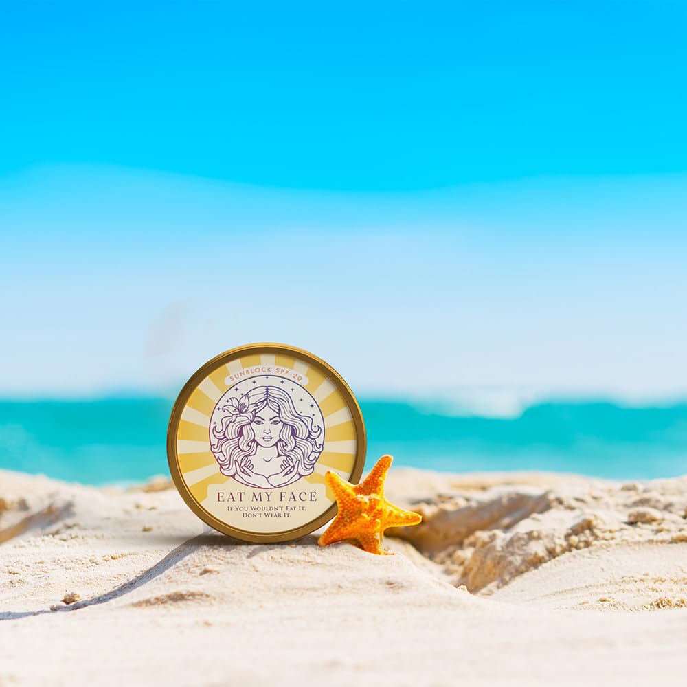 beef tallow sunscreen SPF 30 reef safe non-nano zinc oxide mineral sunscreen tin on beach sand with starfish