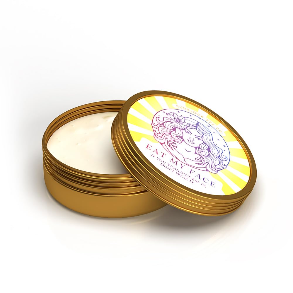 beef tallow sunscreen SPF 30 reef safe in gold tin, non-nano zinc oxide mineral sunscreen balm with open lid