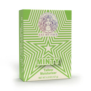 Beef Tallow Sunscreen SPF 30 - Reef Safe Eat My Face Minty tallow moisturizer box packaging with green star design
