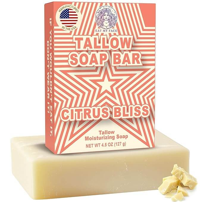 Grass-Fed Beef Tallow Soap Variety Pack – Unscented, Mint & Citrus (3-Bar Bundle) Citrus Bliss tallow soap bar box and bar, 4.5 oz