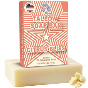 Grass-Fed Beef Tallow Soap Variety Pack – Unscented, Mint & Citrus (3-Bar Bundle) Citrus Bliss tallow soap bar box and bar, 4.5 oz
