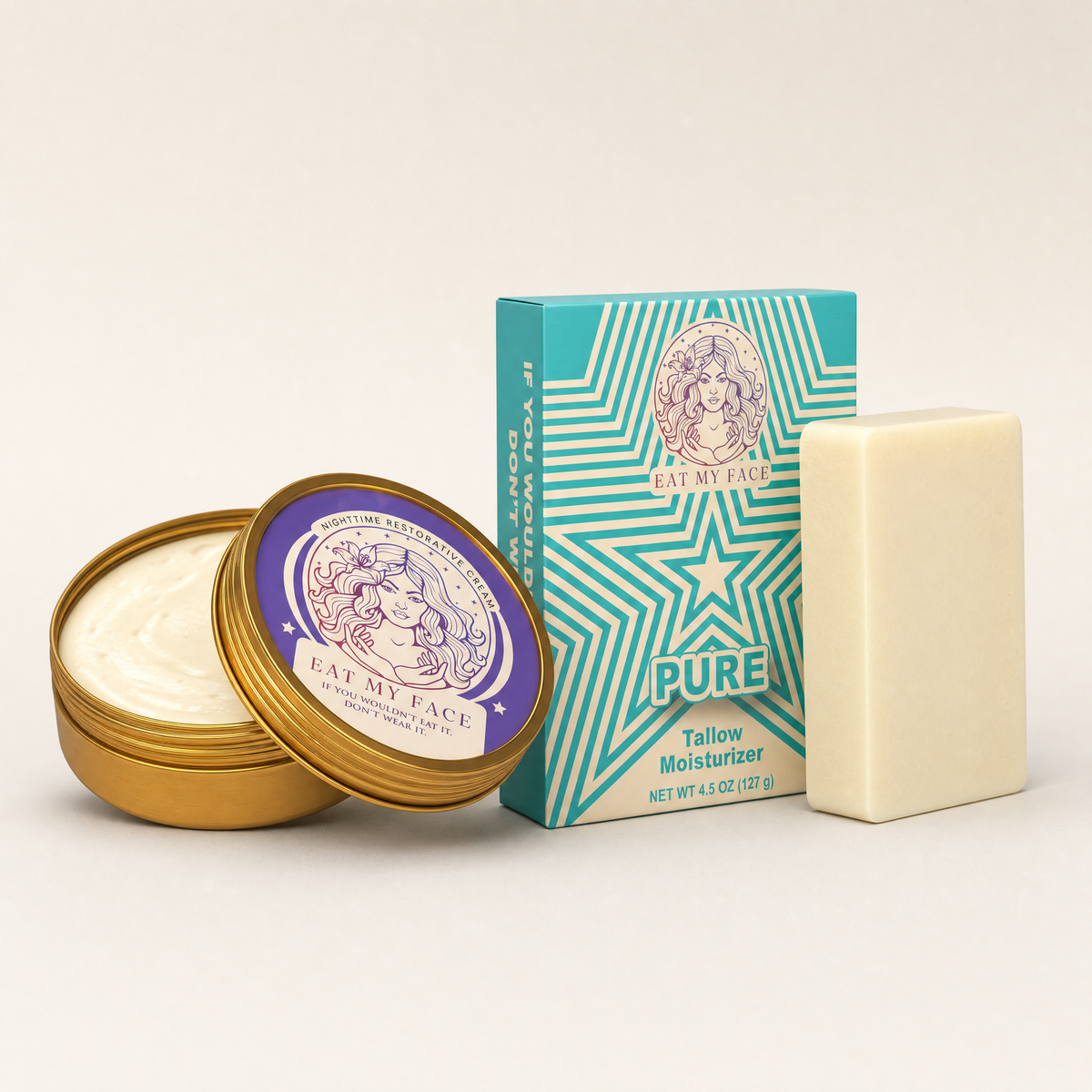 Eat My Face Nighttime Repair Duo — Nighttime Restorative Cream tin and Unscented Tallow Soap