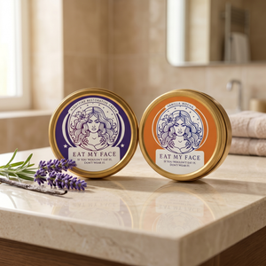 Tallow Moisture Duo — Nighttime Cream and Vanilla tallow tins on a bathroom vanity with lavender, Eat My Face