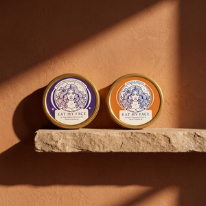 Tallow Moisture Duo — Nighttime Cream and Vanilla tallow tins on a stone shelf, editorial, Eat My Face