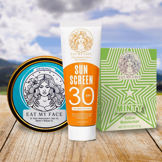 men's beef tallow face moisturizer for dry skin Minty tallow moisturizer and SPF 30 sunscreen bundle on wood table