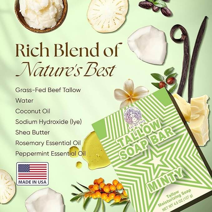 Minty Beef Tallow Soap Twin Pack – Natural Peppermint Spearmint 4.5 oz rich blend ingredients peppermint spearmint tallow soap bar