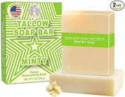 Minty Beef Tallow Soap Twin Pack – Natural Peppermint Spearmint 4.5 oz. with grass-fed tallow mint bar soap packaging and two bars