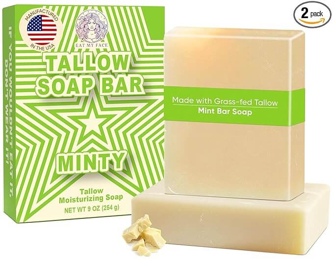 Minty Beef Tallow Soap Twin Pack – Natural Peppermint Spearmint 4.5 oz. with grass-fed tallow mint bar soap packaging and two bars