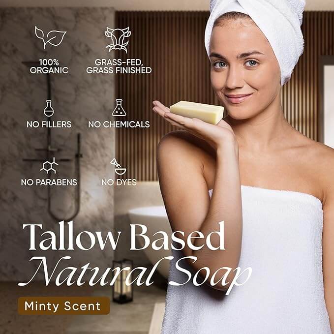 Minty Beef Tallow Soap Twin Pack – Natural Peppermint Spearmint 4.5 oz tallow based natural soap minty scent bar in bathroom