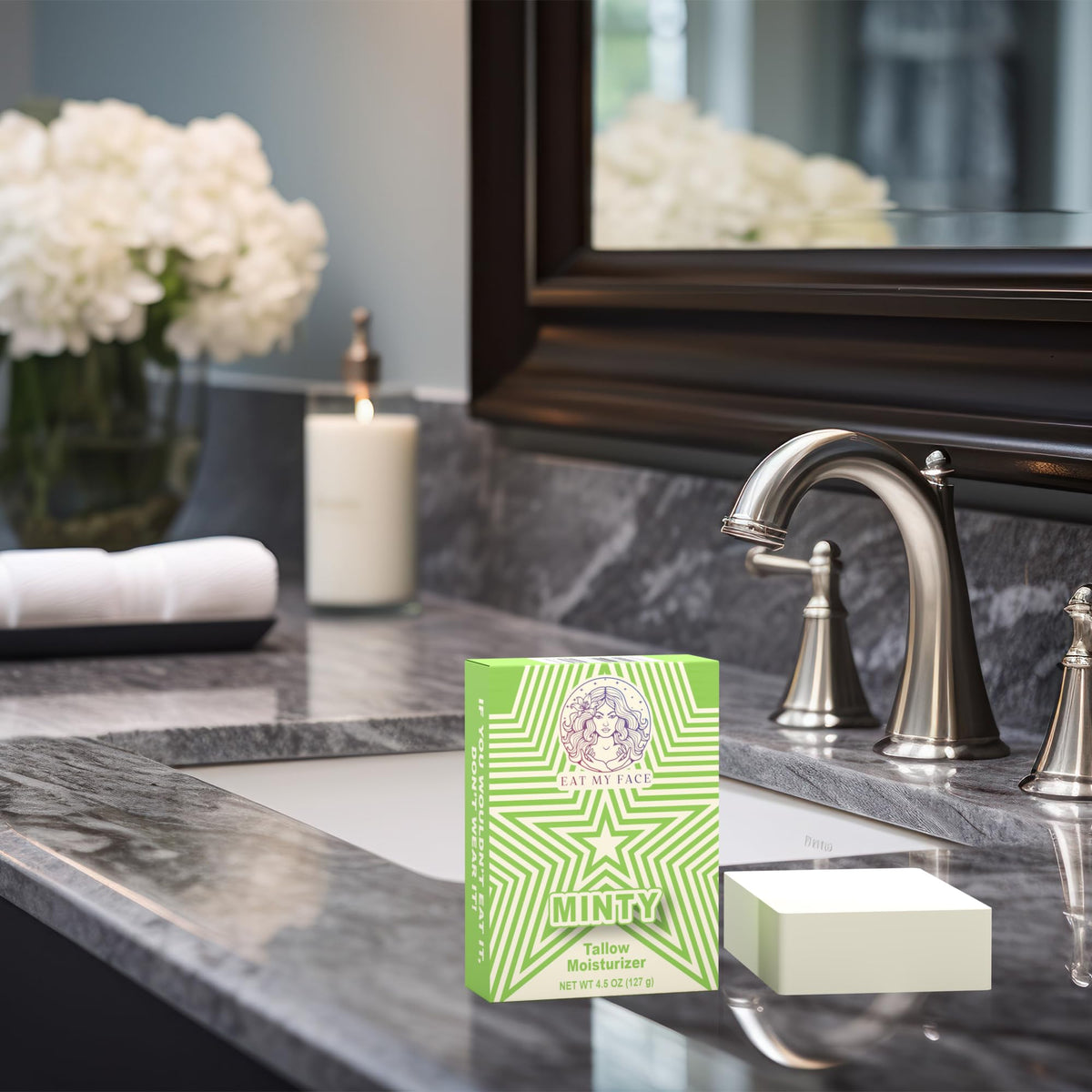 Natural Tallow Bar Soap – Minty mint and rosemary tallow soap bar on bathroom sink counter with faucet, candle, and towel