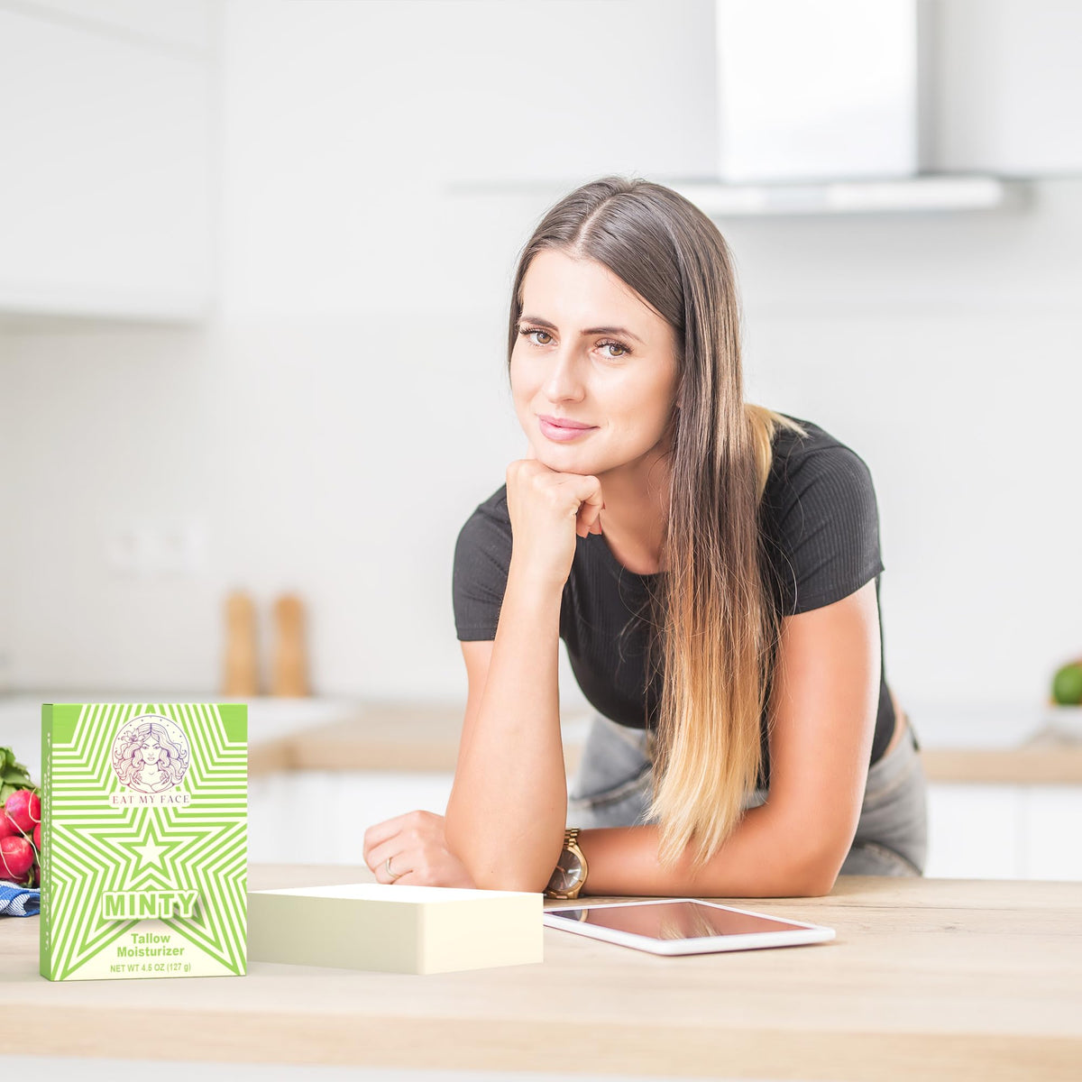 mint beef tallow soap bar peppermint + spearmint cleanse product packaging on kitchen counter lifestyle photo
