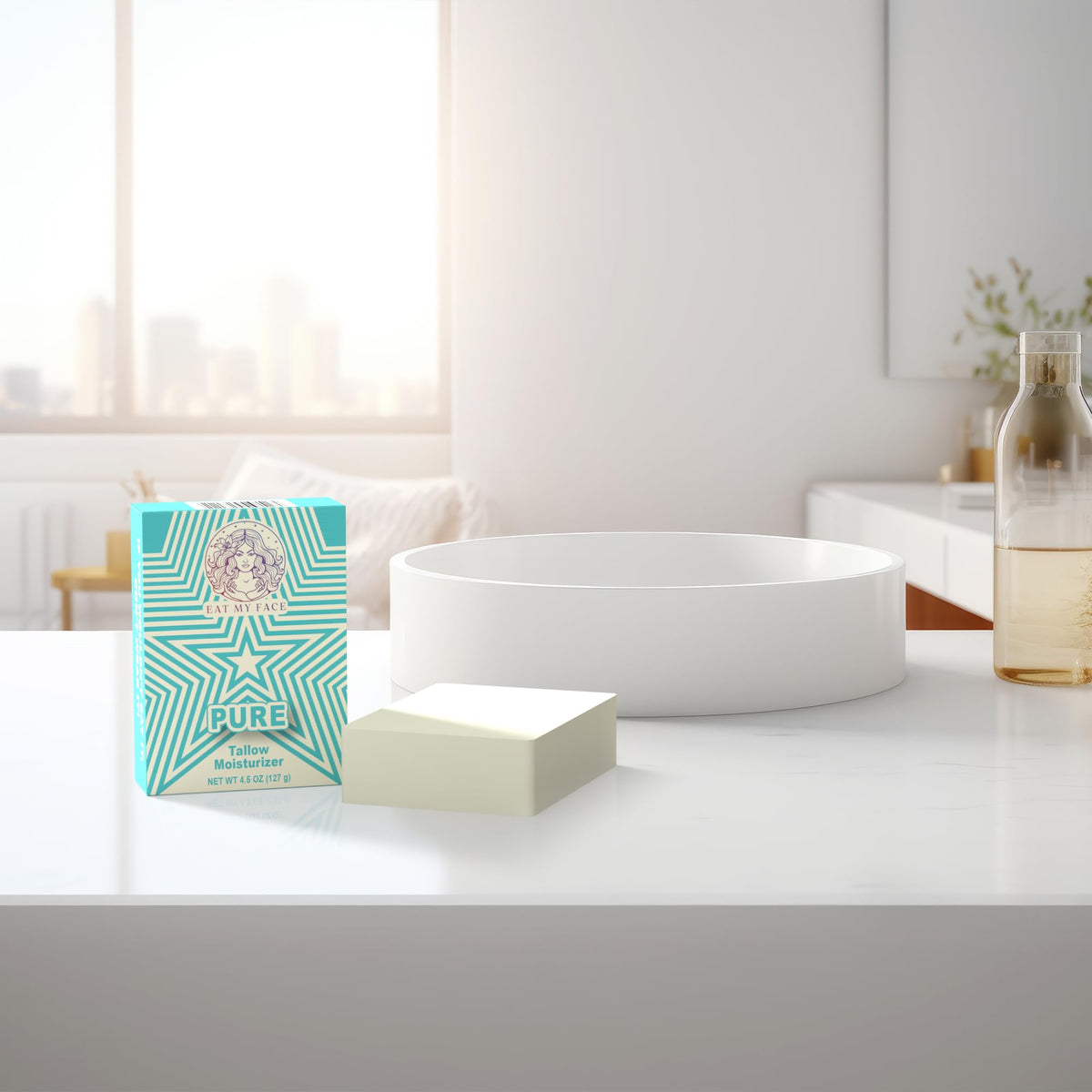 unscented tallow soap bar fragrance-free gentle soap for sensitive skin, pure tallow bar with minimalist packaging on bathroom counter