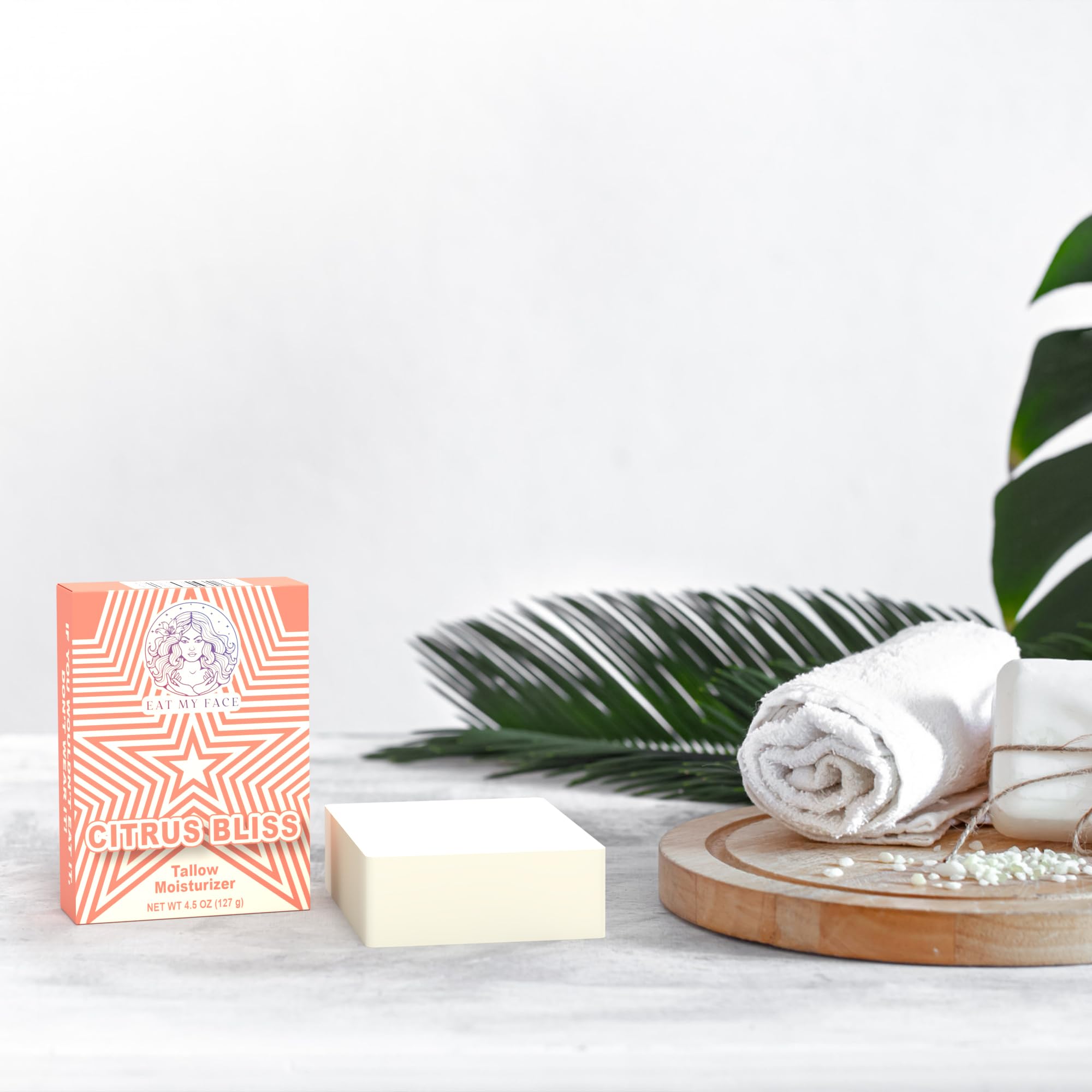 Natural Tallow Body Wash Bar – Citrus tallow soap bar with Citrus Bliss box, spa towel and greenery on marble counter