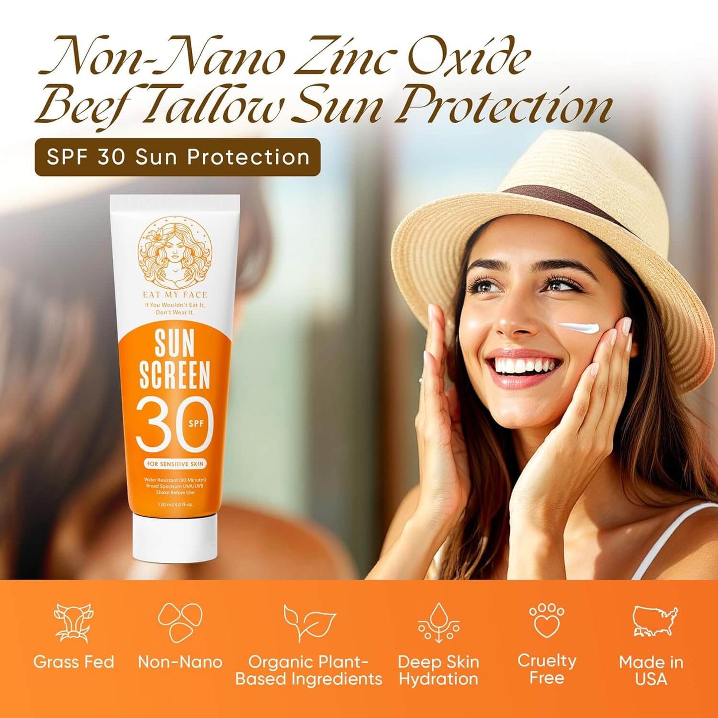 beef tallow reef safe sunscreen SPF 30 for sensitive skin non-nano zinc oxide sun protection tube banner