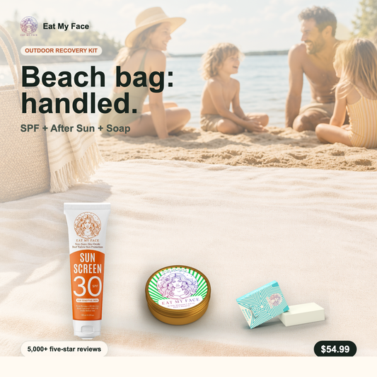 Outdoor Recovery Kit bundle with SPF 30 sunscreen tube, After Sun balm, and Pure unscented tallow soap | AI Growth OS bundle composite