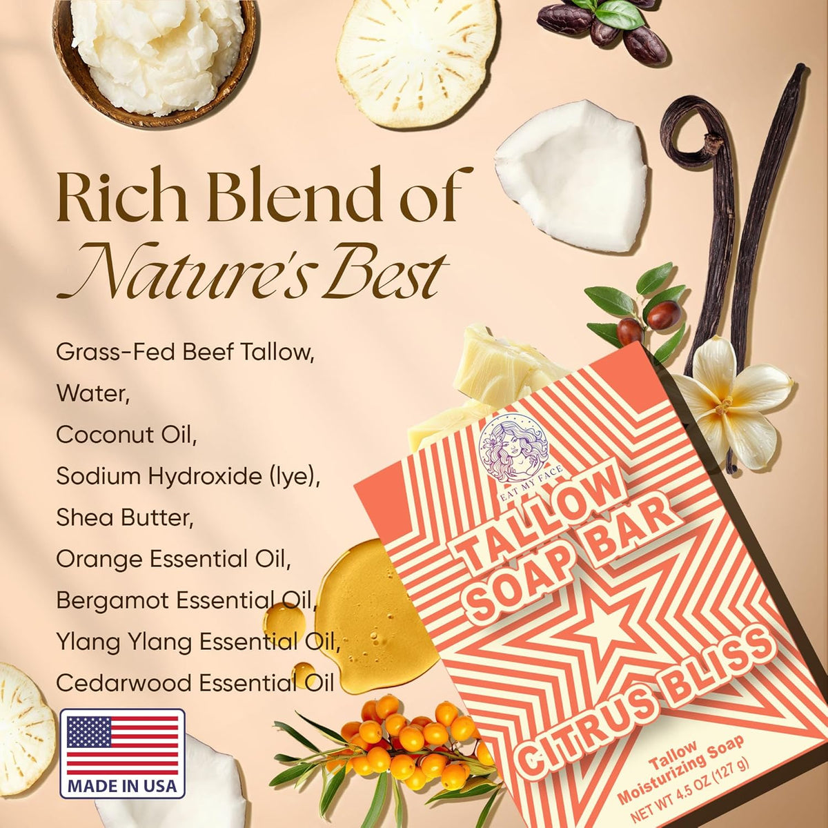 beef tallow skincare starter pack for sensitive skin Citrus Bliss tallow soap bar packaging with natural ingredients list