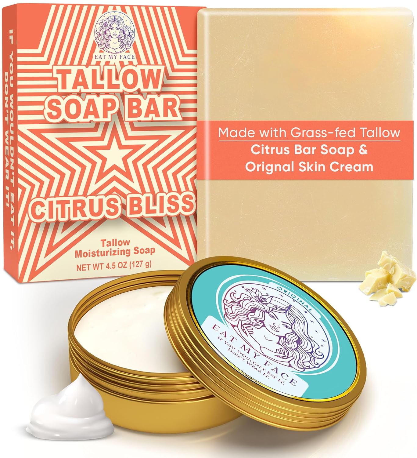 Skin-Food Starter Pack with grass-fed tallow citrus soap bar and original skin cream, nourishing vitamins A D E K, fresh invigorating cleanse