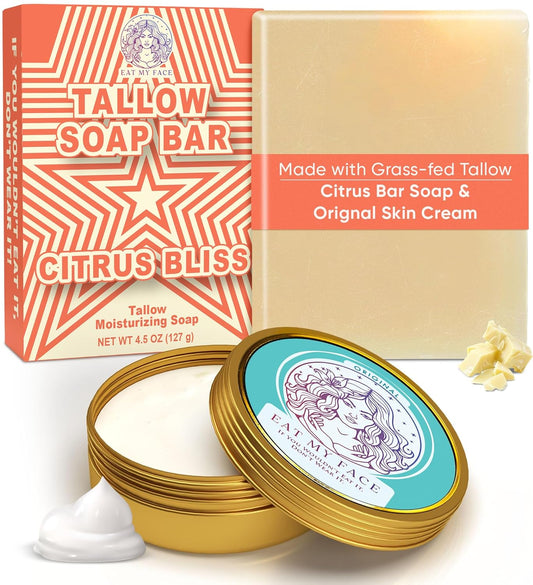 beef tallow skincare starter pack for sensitive skin with Citrus Bliss tallow soap bar and Original Skin Cream duo