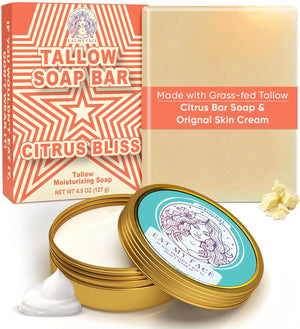 beef tallow skincare starter pack for sensitive skin with Citrus Bliss tallow soap bar and Original Skin Cream duo