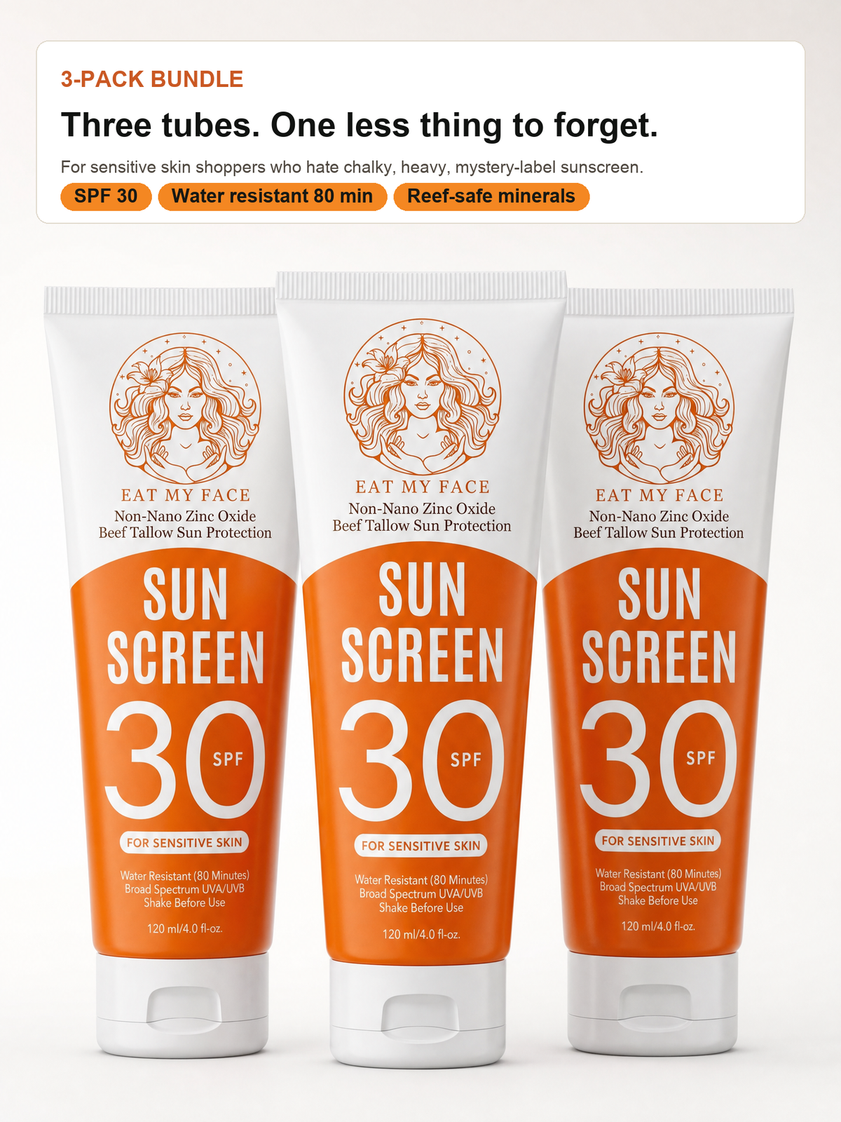 Eat My Face SPF 30 Sunscreen Tube 3-Pack with three tubes on a white background