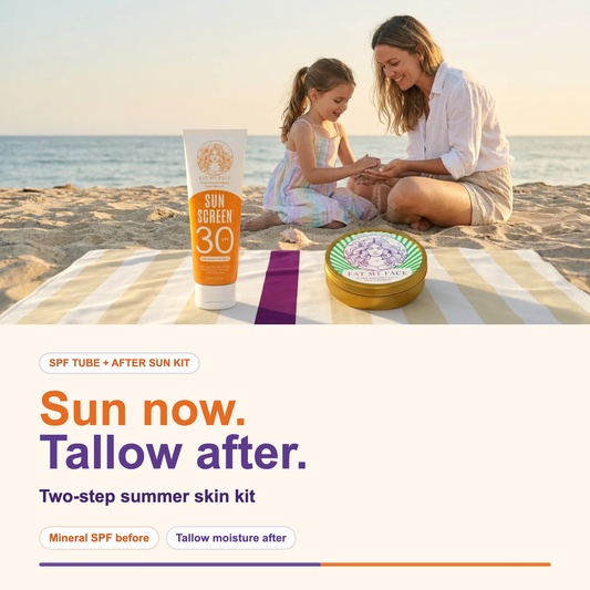 SPF Tube + After Sun Kit with mineral sunscreen and tallow after-sun balm on a beach towel