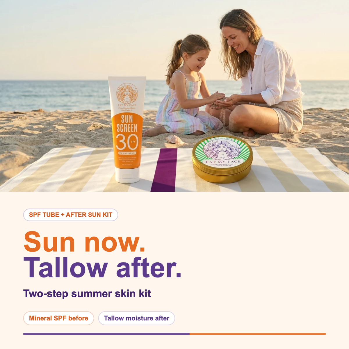 SPF Tube + After Sun Kit with mineral sunscreen and tallow after-sun balm on a beach towel
