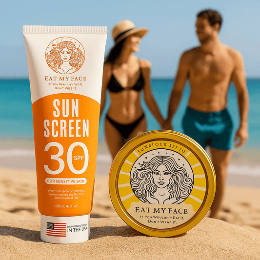 reef safe mineral sunscreen duo SPF 30 travel tube and everyday tin mineral sunscreen on sandy beach with ocean backdrop