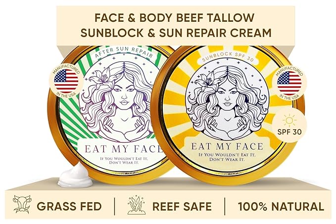Alt Tag: Sunshine Bundle - Beef Tallow Sunscreen and After-Sun Repair With Aloe and Cucumber, face & body tallow sunblock and sun repair cream