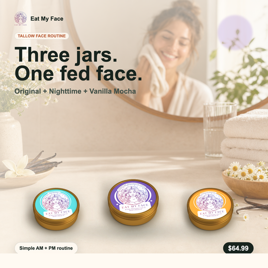 Tallow Face Routine bundle with Original, Nighttime, and Vanilla Mocha tallow creams | AI Growth OS bundle composite