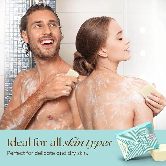 Unscented Beef Tallow Soap Twin Pack – Fragrance-Free (4.5 oz each) used in shower by couple lathering for sensitive skin