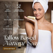 Unscented Beef Tallow Soap Twin Pack – Fragrance-Free (4.5 oz each) tallow based natural soap bar, organic grass-fed, no fillers chemicals parabens dyes